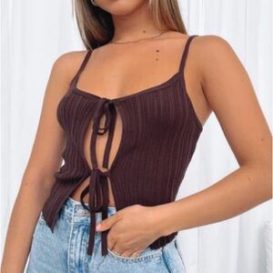 White Fox Boutique Chocolate Ribbed Tie-Front Tank Top